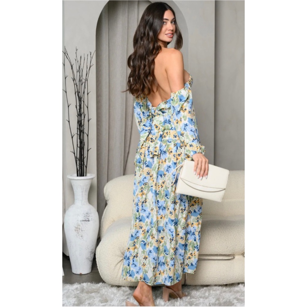 🆕 ICE BLUE COLD SHOULDER HALTER NECK FLORAL MAXI DRESS - Picture 3 of 3